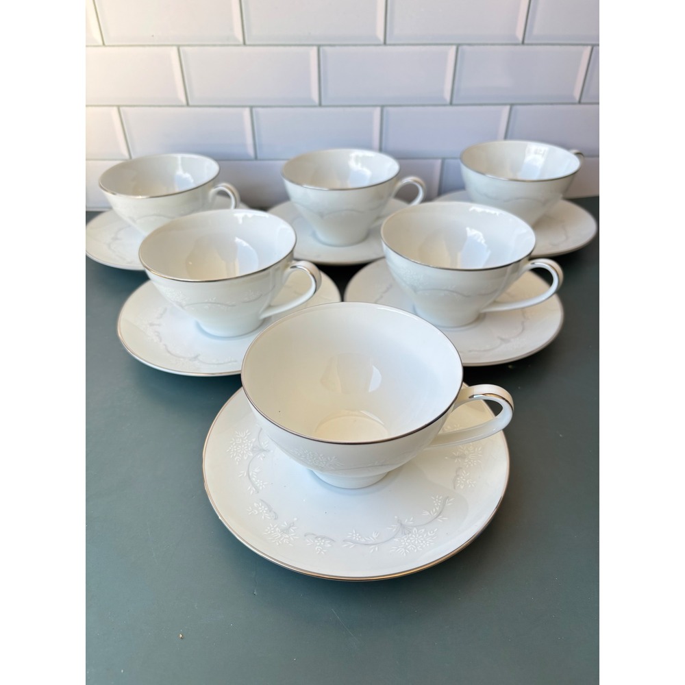 Noritake Whitebrook 6441 Tea Cup and Saucer 6 Sets Platinum Trim Japan